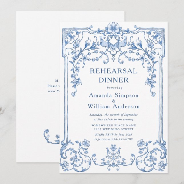 Victorian Ornate Grace Dusty Blue Rehearsal Dinner Inbjudningar (Fram/baksida)
