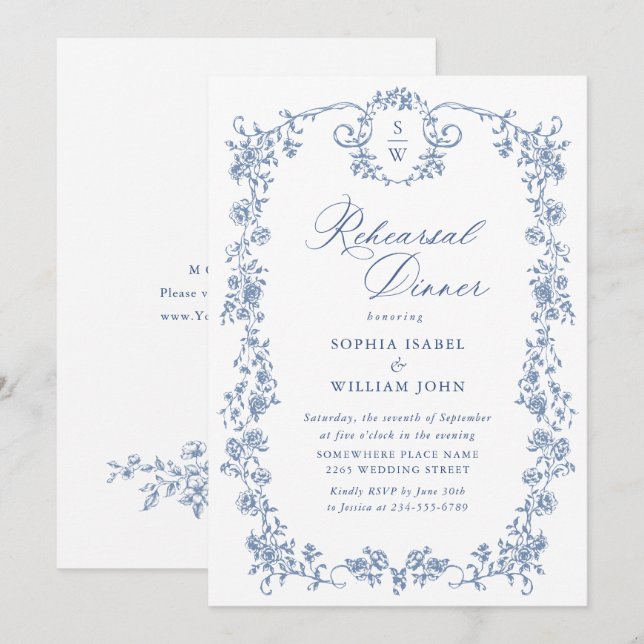 Victorian Ornate Grace Dusty Blue Rehearsal Dinner Inbjudningar (Fram/baksida)