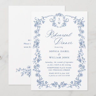 Victorian Ornate Grace Dusty Blue Rehearsal Dinner Inbjudningar