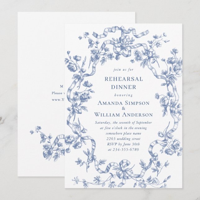 Victorian Ornate Grace Dusty Blue Rehearsal Dinner Inbjudningar (Fram/baksida)