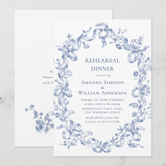Victorian Ornate Grace Dusty Blue Rehearsal Dinner Inbjudningar (Fram/baksida)