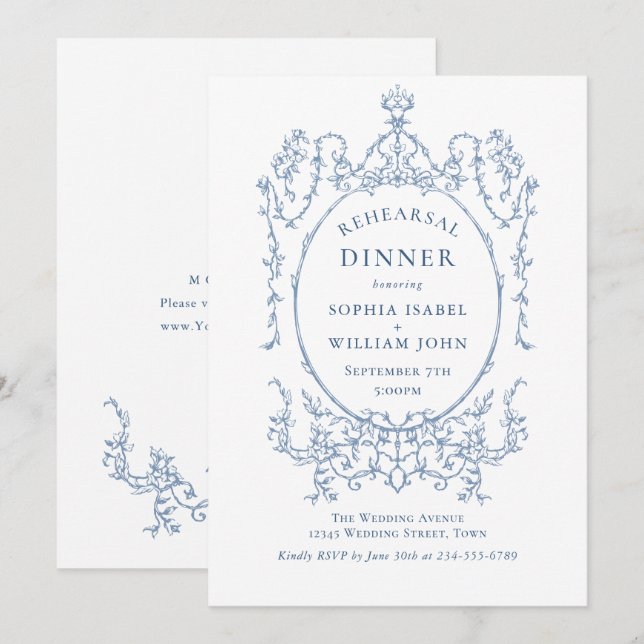Victorian Ornate Grace Dusty Blue Rehearsal Dinner Inbjudningar (Fram/baksida)