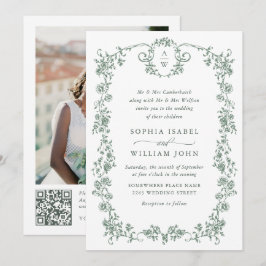 Victorian Ornate Grace Grönt Foto QR-kod Bröllop Inbjudningar