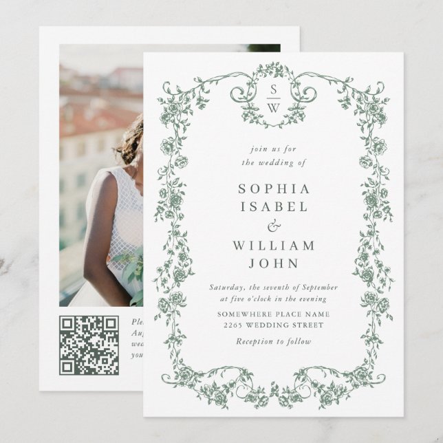 Victorian Ornate Grace Grönt Foto QR-kod Bröllop Inbjudningar (Fram/baksida)