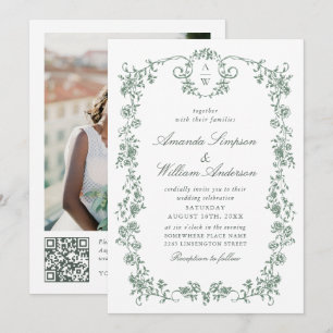 Victorian Ornate Grace Grönt Foto QR-kod Bröllop Inbjudningar