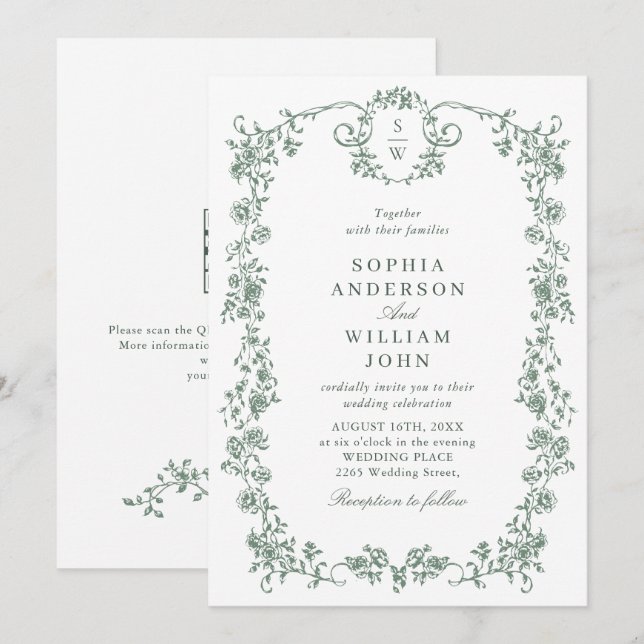 Victorian Ornate Grace Grönt QR kod Bröllop Inbjudningar (Fram/baksida)