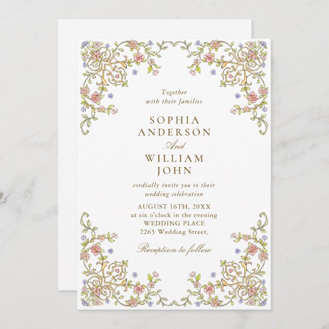 Victorian Ornate Grace Pastel Blommigt Bröllop Inbjudningar (Fram/baksida)