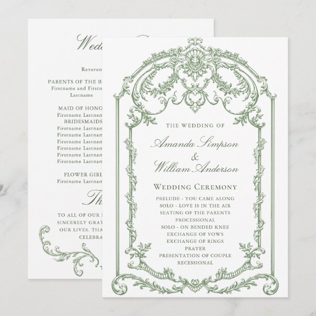 Victorian Ornate Grace Sage Grönt Bröllop Ceremony Program (Fram/baksida)