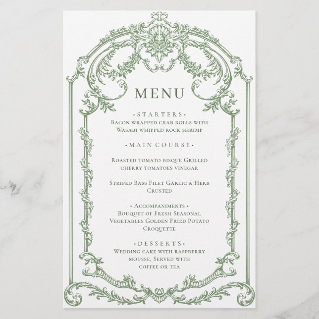 Victorian Ornate Grace Sage Grönt Bröllop Menu (Framsida)