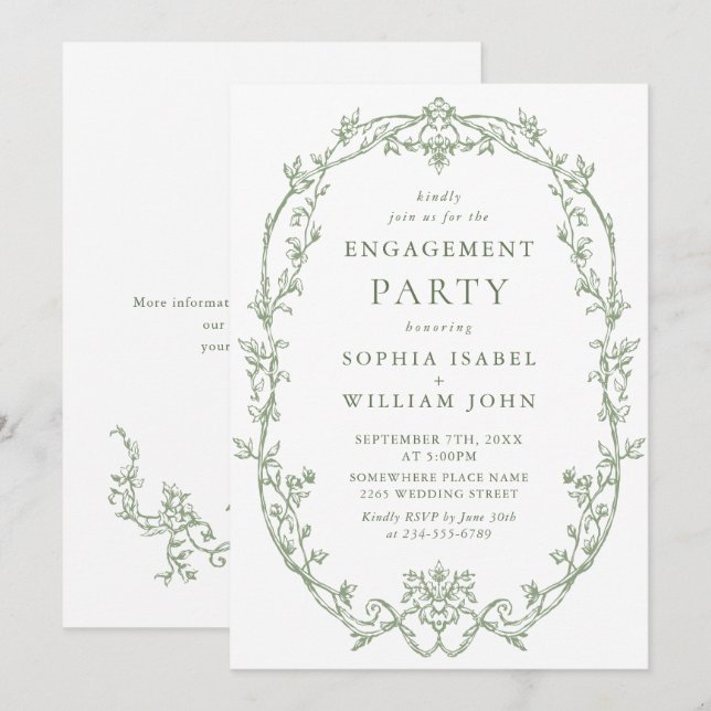 Victorian Ornate Grace Sage Grönt FÖRLOVNINGSFEST Inbjudningar (Fram/baksida)