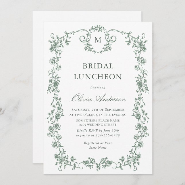 Victorian Ornate Grace Sage Grönt MÖHIPPA LUNCHEON Inbjudningar (Fram/baksida)