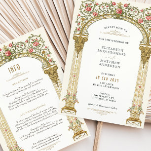 Victorian Ornate Guld Arch & Rosa ros Bröllop Inbjudningar