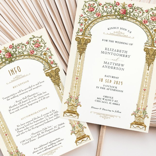 Victorian Ornate Guld Arch & Rosa ros Bröllop Inbjudningar (Skapare uppladdad)