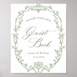 Victorian Ornate Sage Grönt Guestbook Bröllop Sign Poster