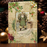 Victorian Pappa jul Blommigt Ephemera Helgkort<br><div class="desc">God elegant julsammansättning med gammalt grönt-belagt Pappa jul inramat av vintage holly,  ro,  hund och gräs med ornat ro blomstrar på nödställda havsbottnar.</div>
