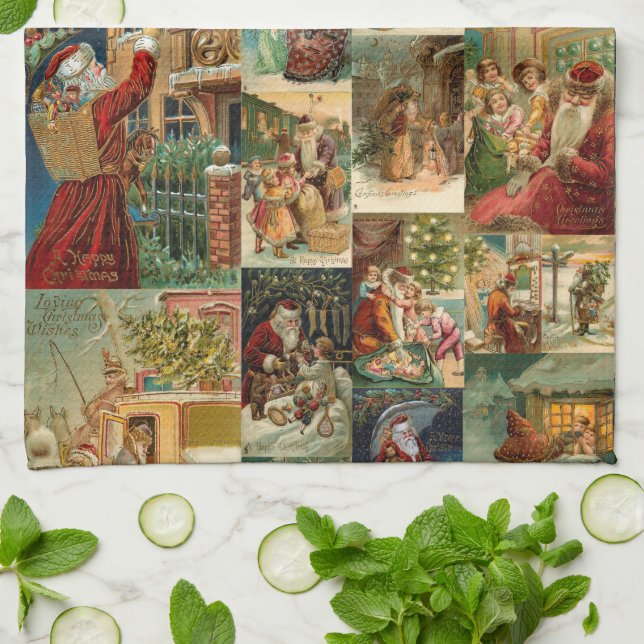 Victorian Pappa jul med Children Collage Kökshandduk (Vikta)