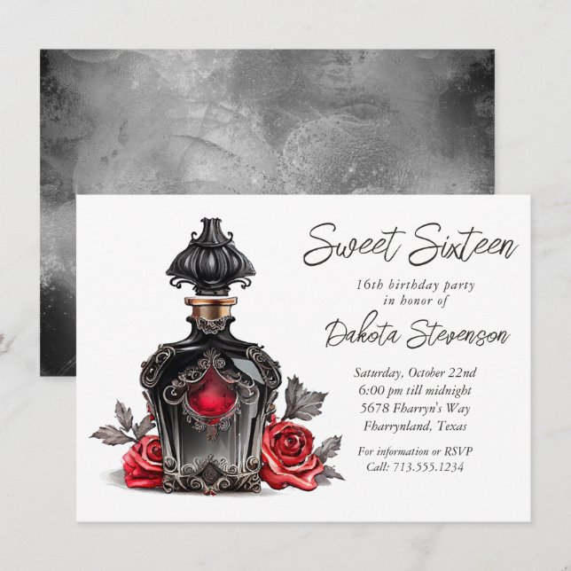 Victorian Parfym Flaska och Ro | SWEET SIXTEEN Inbjudningar (Fram/baksida)