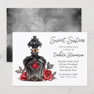 Victorian Parfym Flaska och Ro   SWEET SIXTEEN Inbjudningar