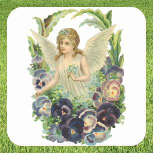 Victorian Påsk Angel med Lila Pansy Flowers Fyrkantigt Klistermärke