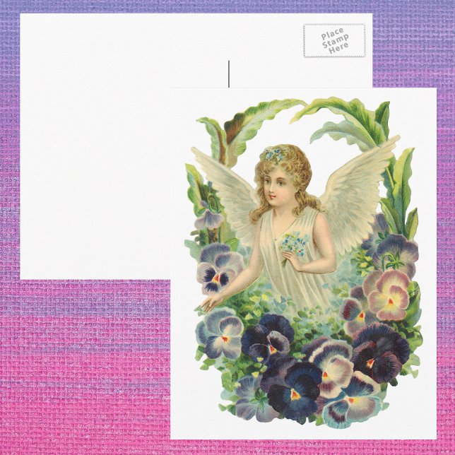 Victorian Påsk Angel med Lila Pansy Flowers Helg Vykort (Skapare uppladdad)