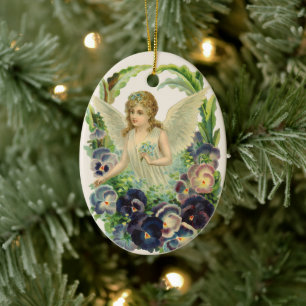 Victorian Påsk Angel med Lila Pansy Flowers Julgransprydnad Keramik