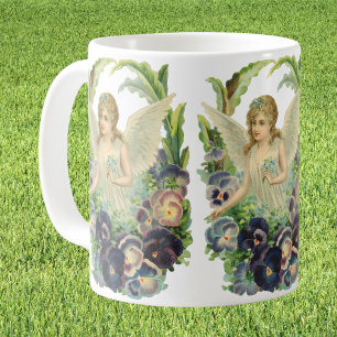Victorian Påsk Angel med Lila Pansy Flowers Kaffemugg