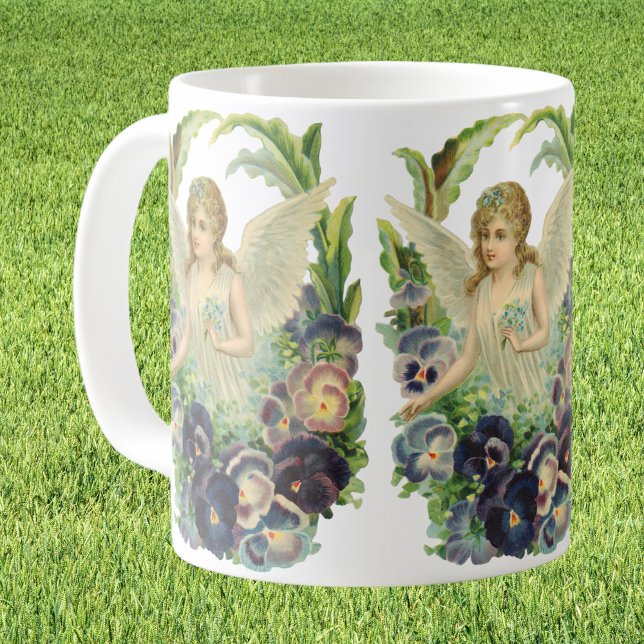 Victorian Påsk Angel med Lila Pansy Flowers Kaffemugg (Skapare uppladdad)
