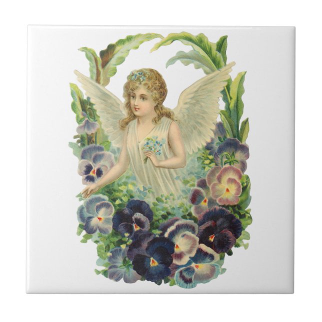 Victorian Påsk Angel med Lila Pansy Flowers Kakelplatta (Framsidan)