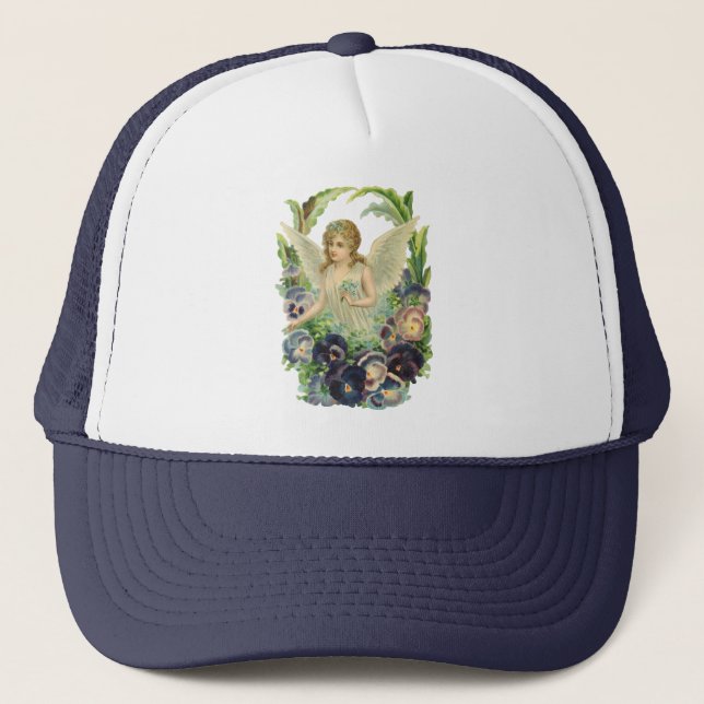 Victorian Påsk Angel med Lila Pansy Flowers Keps (Framsida)