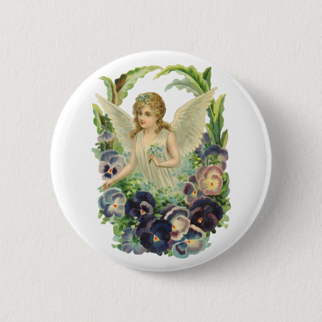 Victorian Påsk Angel med Lila Pansy Flowers Knapp (Framsida)