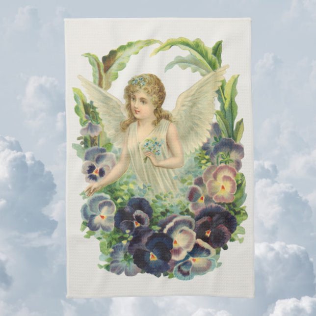 Victorian Påsk Angel med Lila Pansy Flowers Kökshandduk (Skapare uppladdad)