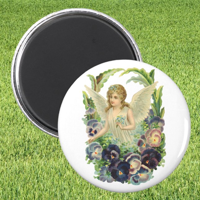 Victorian Påsk Angel med Lila Pansy Flowers Magnet (Skapare uppladdad)