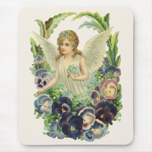 Victorian Påsk Angel med Lila Pansy Flowers Musmatta (Framsidan)
