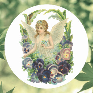 Victorian Påsk Angel med Lila Pansy Flowers Runt Klistermärke