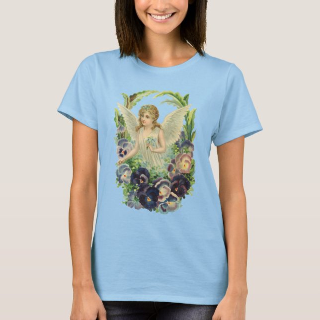 Victorian Påsk Angel med Lila Pansy Flowers Tee Shirt (Framsida)