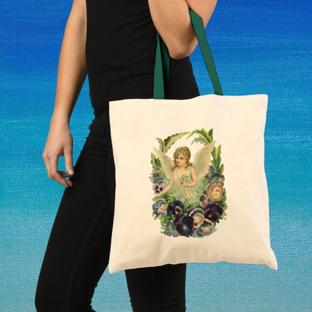 Victorian Påsk Angel med Lila Pansy Flowers Tygkasse (Skapare uppladdad)
