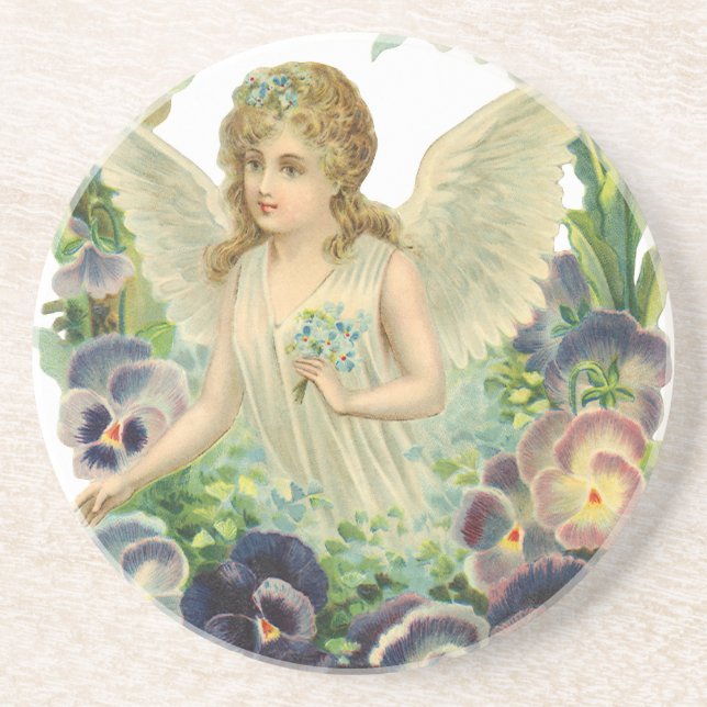 Victorian Påsk Angel med Lila Pansy Flowers Underlägg Sandsten (Framsidan)