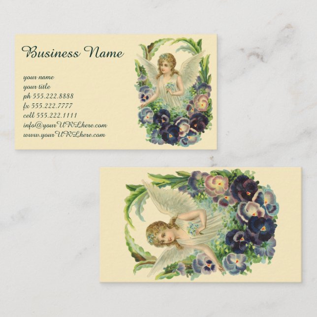 Victorian Påsk Angel med Lila Pansy Flowers Visitkort (Fram/baksida)