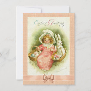 Victorian Påsk Card Girl Basket of Eggs & Bunny Julkort