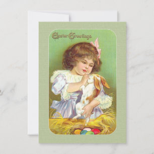 Victorian Påsk Card Girl & Bunny & Nest of Eggs Julkort