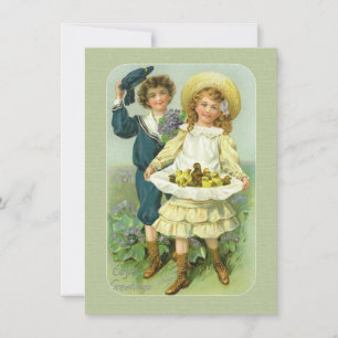 Victorian Påsk Children & Chicks in Pinaforce Julkort