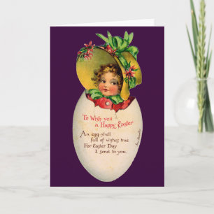 Victorian Påsk, Vintage Girl with Bonnet in Egg Helgkort