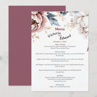 Victorian Peony Luxe Bröllop Menu Card 5"x7" Meny