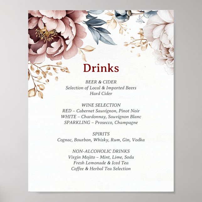 Victorian Peony Luxe Drinks Menu Poster (Framsidan)