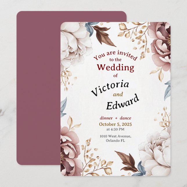 Victorian Peony Luxe Wedding Card Inbjudningar (Fram/baksida)
