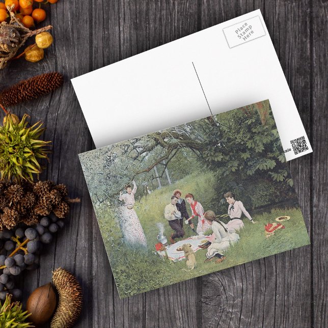 Victorian Picnic-vykort Vykort (Victorian family picnic with dog in the woods on postcard.)