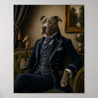 Victorian Pit Bull Gentleman Portrait Print, Blue Poster