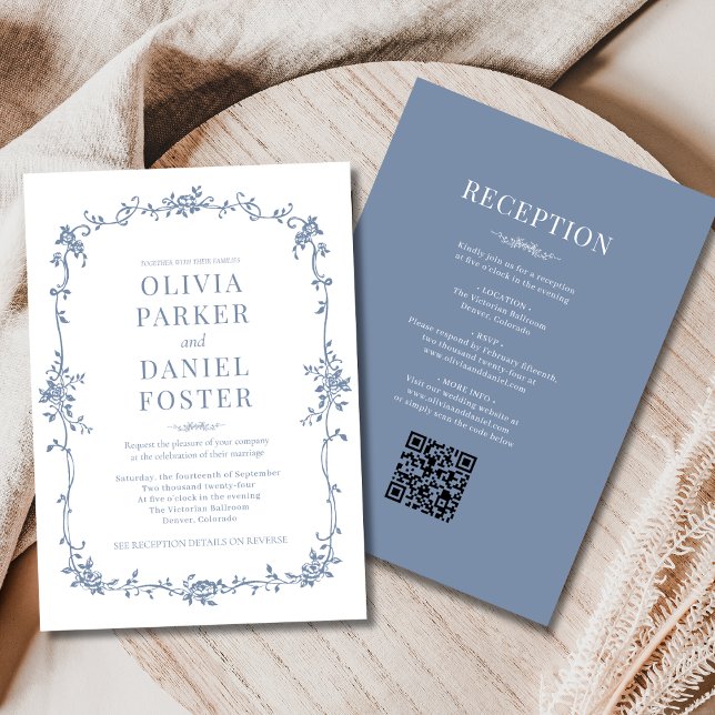 Victorian QR Code All in One Dusty Blue Wedding  Inbjudningar (Skapare uppladdad)