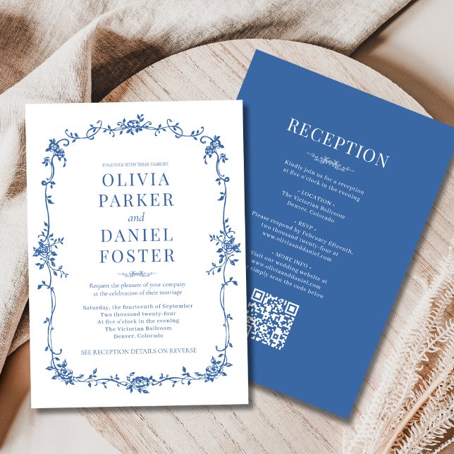 Victorian QR Code All in One Royal Blue Wedding  Inbjudningar (Skapare uppladdad)