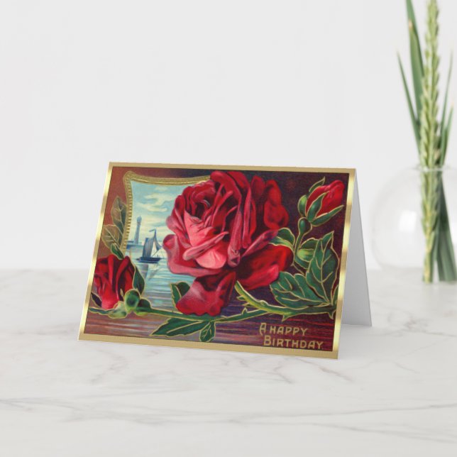 Victorian Red Flowers Vatten Boat Scene Birthday Kort (Framsida)